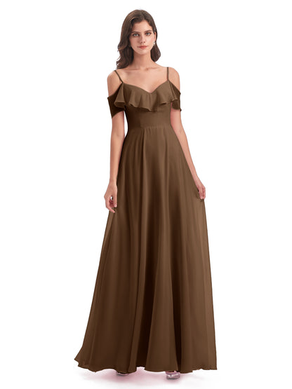 Miya A-line Floor Length Spaghetti Straps Ruffles Long Bridesmaid Dresses