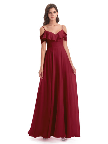 Miya A-line Floor Length Spaghetti Straps Ruffles Long Bridesmaid Dresses