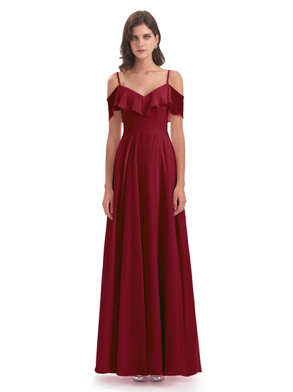 Miya A-line Floor Length Spaghetti Straps Ruffles Long Bridesmaid Dresses