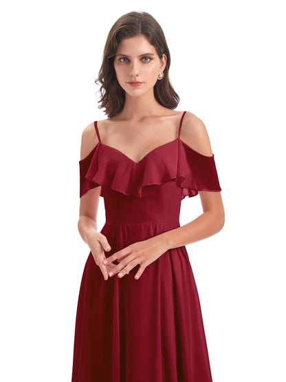 Miya A-line Floor Length Spaghetti Straps Ruffles Long Bridesmaid Dresses