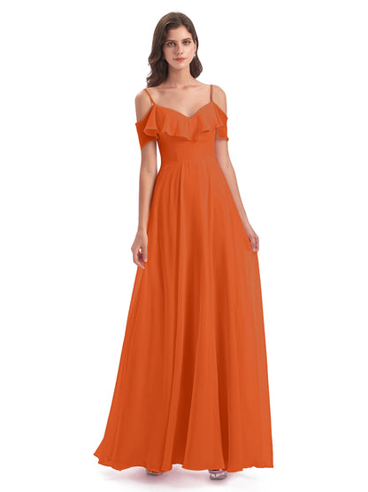 Miya A-line Floor Length Spaghetti Straps Ruffles Long Bridesmaid Dresses