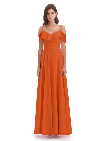 Miya A-line Floor Length Spaghetti Straps Ruffles Long Bridesmaid Dresses