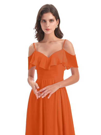 Miya A-line Floor Length Spaghetti Straps Ruffles Long Bridesmaid Dresses