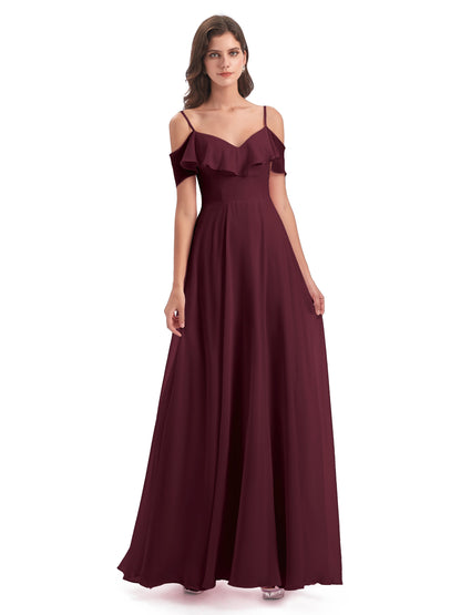 Miya A-line Floor Length Spaghetti Straps Ruffles Long Bridesmaid Dresses