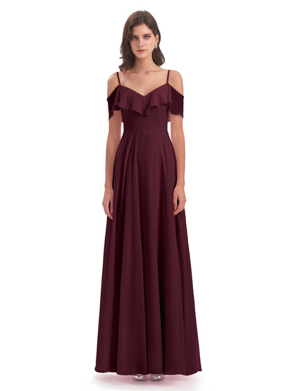 Miya A-line Floor Length Spaghetti Straps Ruffles Long Bridesmaid Dresses