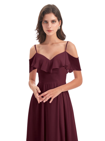 Miya A-line Floor Length Spaghetti Straps Ruffles Long Bridesmaid Dresses
