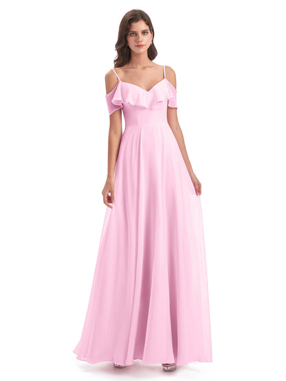 Miya A-line Floor Length Spaghetti Straps Ruffles Long Bridesmaid Dresses