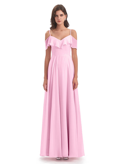 Miya A-line Floor Length Spaghetti Straps Ruffles Long Bridesmaid Dresses