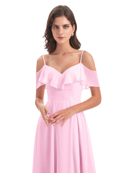 Miya A-line Floor Length Spaghetti Straps Ruffles Long Bridesmaid Dresses