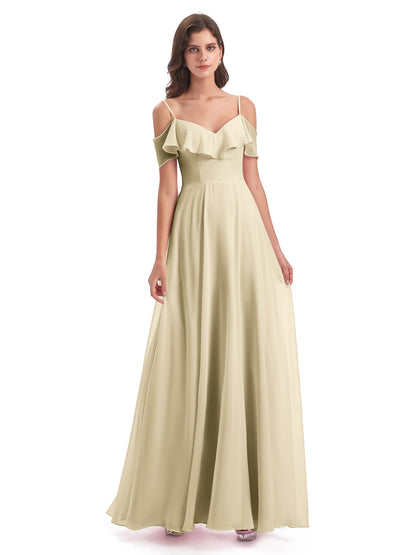 Miya A-line Floor Length Spaghetti Straps Ruffles Long Bridesmaid Dresses