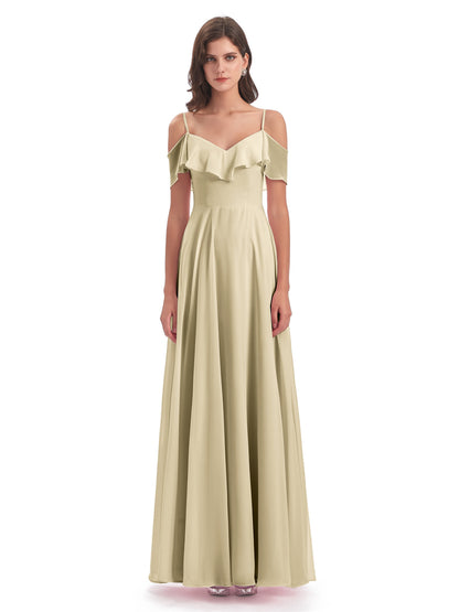 Miya A-line Floor Length Spaghetti Straps Ruffles Long Bridesmaid Dresses