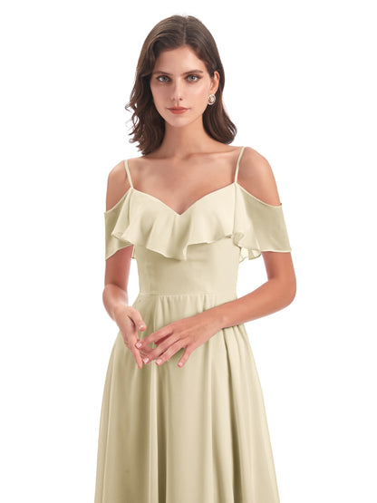 Miya A-line Floor Length Spaghetti Straps Ruffles Long Bridesmaid Dresses
