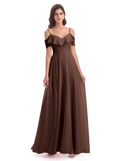 Miya A-line Floor Length Spaghetti Straps Ruffles Long Bridesmaid Dresses