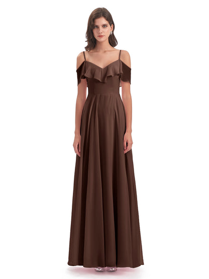 Miya A-line Floor Length Spaghetti Straps Ruffles Long Bridesmaid Dresses