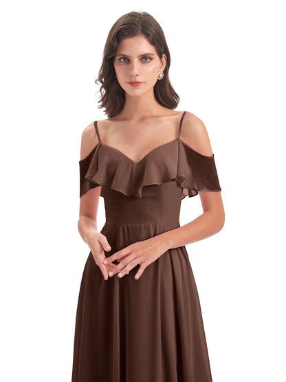 Miya A-line Floor Length Spaghetti Straps Ruffles Long Bridesmaid Dresses