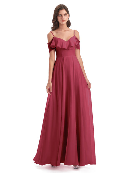 Miya A-line Floor Length Spaghetti Straps Ruffles Long Bridesmaid Dresses