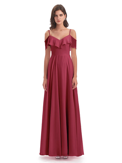 Miya A-line Floor Length Spaghetti Straps Ruffles Long Bridesmaid Dresses