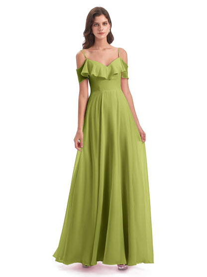 Miya A-line Floor Length Spaghetti Straps Ruffles Long Bridesmaid Dresses