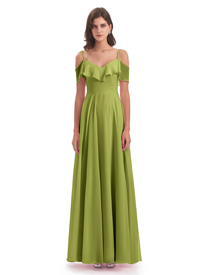 Miya A-line Floor Length Spaghetti Straps Ruffles Long Bridesmaid Dresses