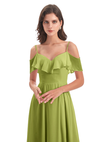 Miya A-line Floor Length Spaghetti Straps Ruffles Long Bridesmaid Dresses