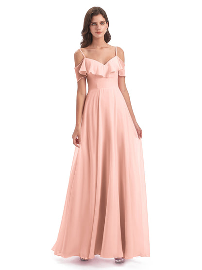 Miya A-line Floor Length Spaghetti Straps Ruffles Long Bridesmaid Dresses