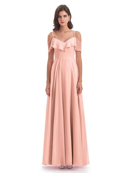 Miya A-line Floor Length Spaghetti Straps Ruffles Long Bridesmaid Dresses