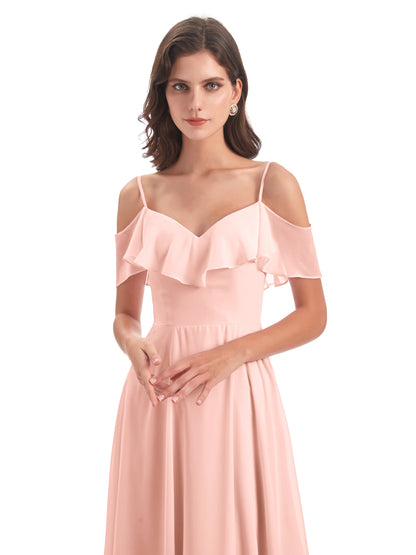 Miya A-line Floor Length Spaghetti Straps Ruffles Long Bridesmaid Dresses