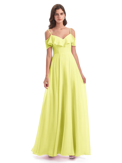 Miya A-line Floor Length Spaghetti Straps Ruffles Long Bridesmaid Dresses