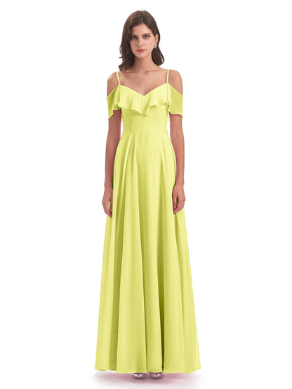 Miya A-line Floor Length Spaghetti Straps Ruffles Long Bridesmaid Dresses