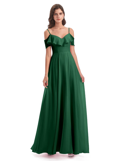 Miya A-line Floor Length Spaghetti Straps Ruffles Long Bridesmaid Dresses