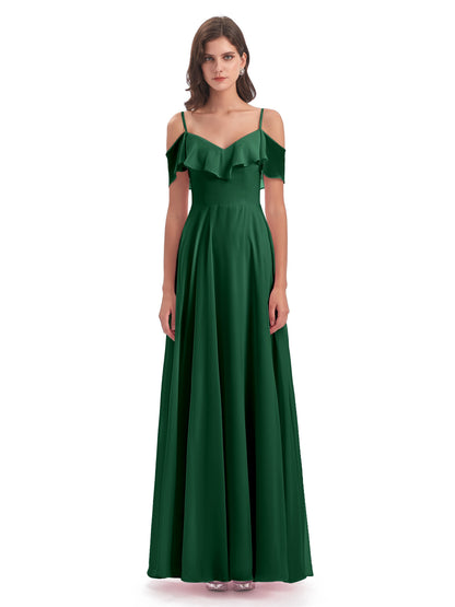 Miya A-line Floor Length Spaghetti Straps Ruffles Long Bridesmaid Dresses