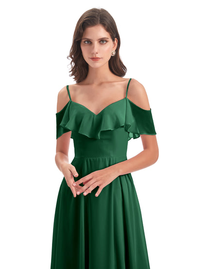 Miya A-line Floor Length Spaghetti Straps Ruffles Long Bridesmaid Dresses