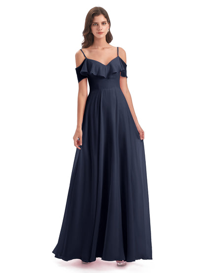 Miya A-line Floor Length Spaghetti Straps Ruffles Long Bridesmaid Dresses