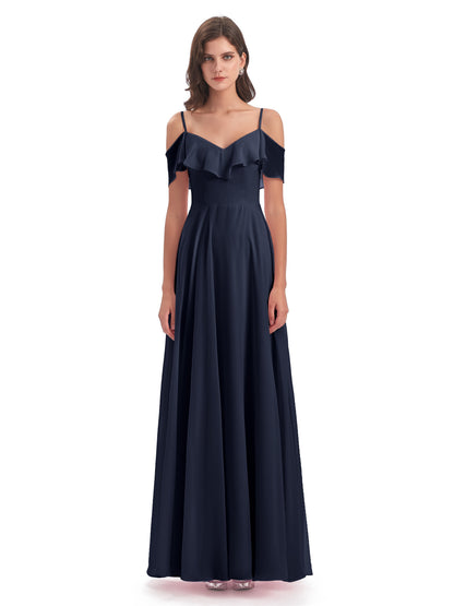 Miya A-line Floor Length Spaghetti Straps Ruffles Long Bridesmaid Dresses