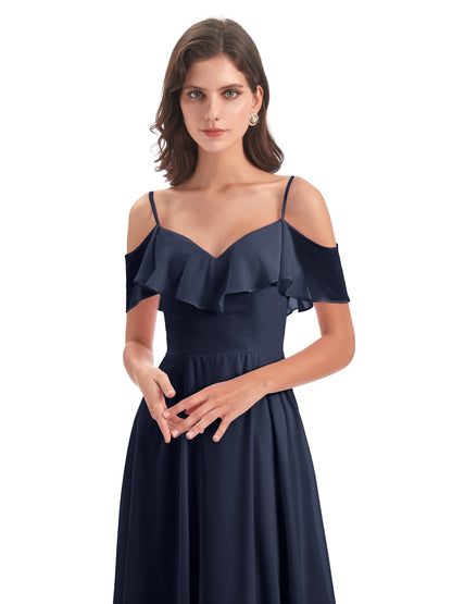Miya A-line Floor Length Spaghetti Straps Ruffles Long Bridesmaid Dresses