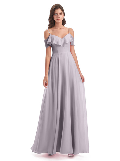Miya A-line Floor Length Spaghetti Straps Ruffles Long Bridesmaid Dresses