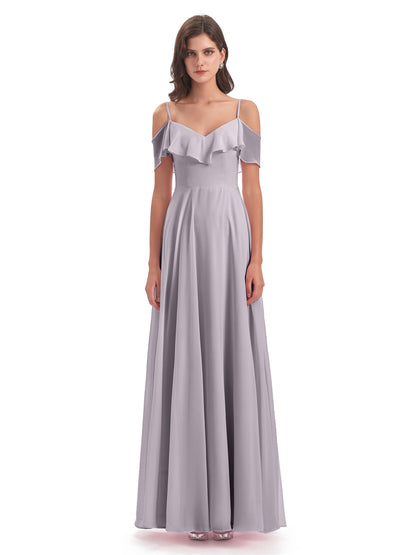 Miya A-line Floor Length Spaghetti Straps Ruffles Long Bridesmaid Dresses