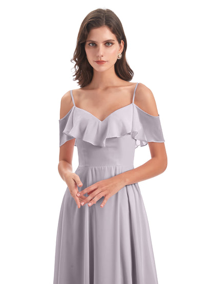 Miya A-line Floor Length Spaghetti Straps Ruffles Long Bridesmaid Dresses