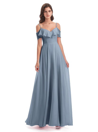 Miya A-line Floor Length Spaghetti Straps Ruffles Long Bridesmaid Dresses