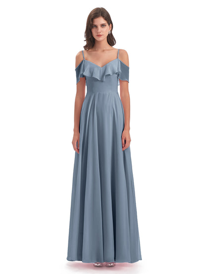 Miya A-line Floor Length Spaghetti Straps Ruffles Long Bridesmaid Dresses