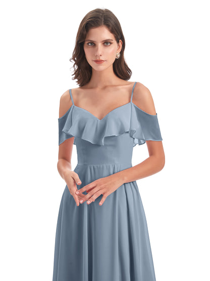 Miya A-line Floor Length Spaghetti Straps Ruffles Long Bridesmaid Dresses
