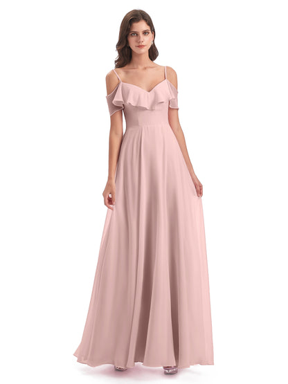 Miya A-line Floor Length Spaghetti Straps Ruffles Long Bridesmaid Dresses