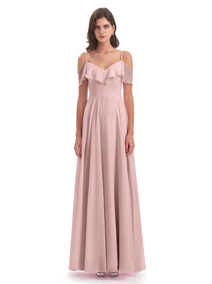Miya A-line Floor Length Spaghetti Straps Ruffles Long Bridesmaid Dresses