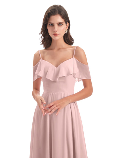 Miya A-line Floor Length Spaghetti Straps Ruffles Long Bridesmaid Dresses