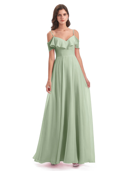 Miya A-line Floor Length Spaghetti Straps Ruffles Long Bridesmaid Dresses