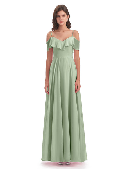 Miya A-line Floor Length Spaghetti Straps Ruffles Long Bridesmaid Dresses
