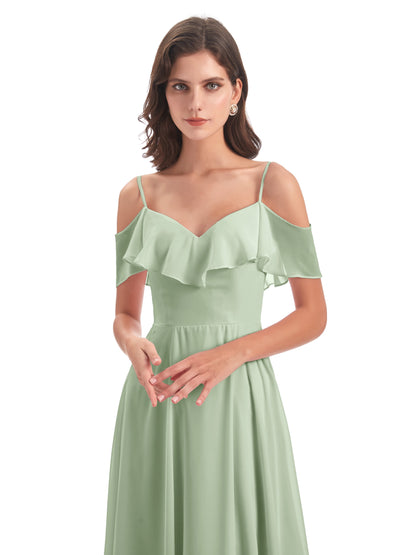 Miya A-line Floor Length Spaghetti Straps Ruffles Long Bridesmaid Dresses