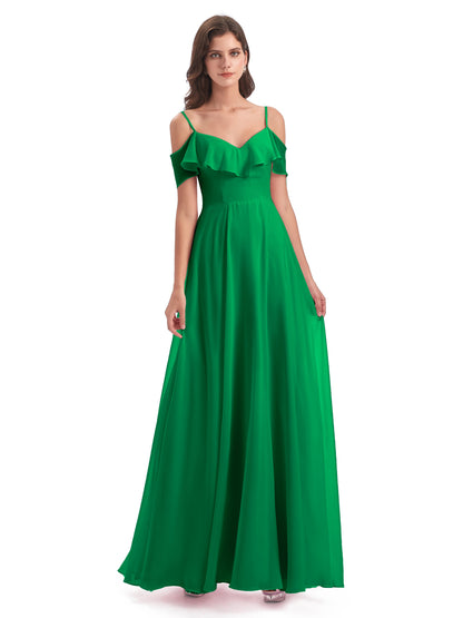 Miya A-line Floor Length Spaghetti Straps Ruffles Long Bridesmaid Dresses