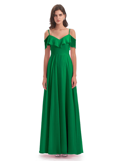 Miya A-line Floor Length Spaghetti Straps Ruffles Long Bridesmaid Dresses