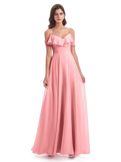 Miya A-line Floor Length Spaghetti Straps Ruffles Long Bridesmaid Dresses